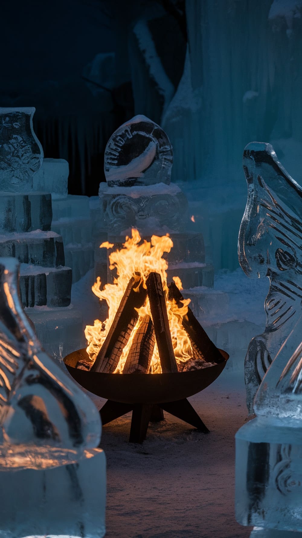 A fire pit surrounded by ice sculptures, creating a striking contrast.
