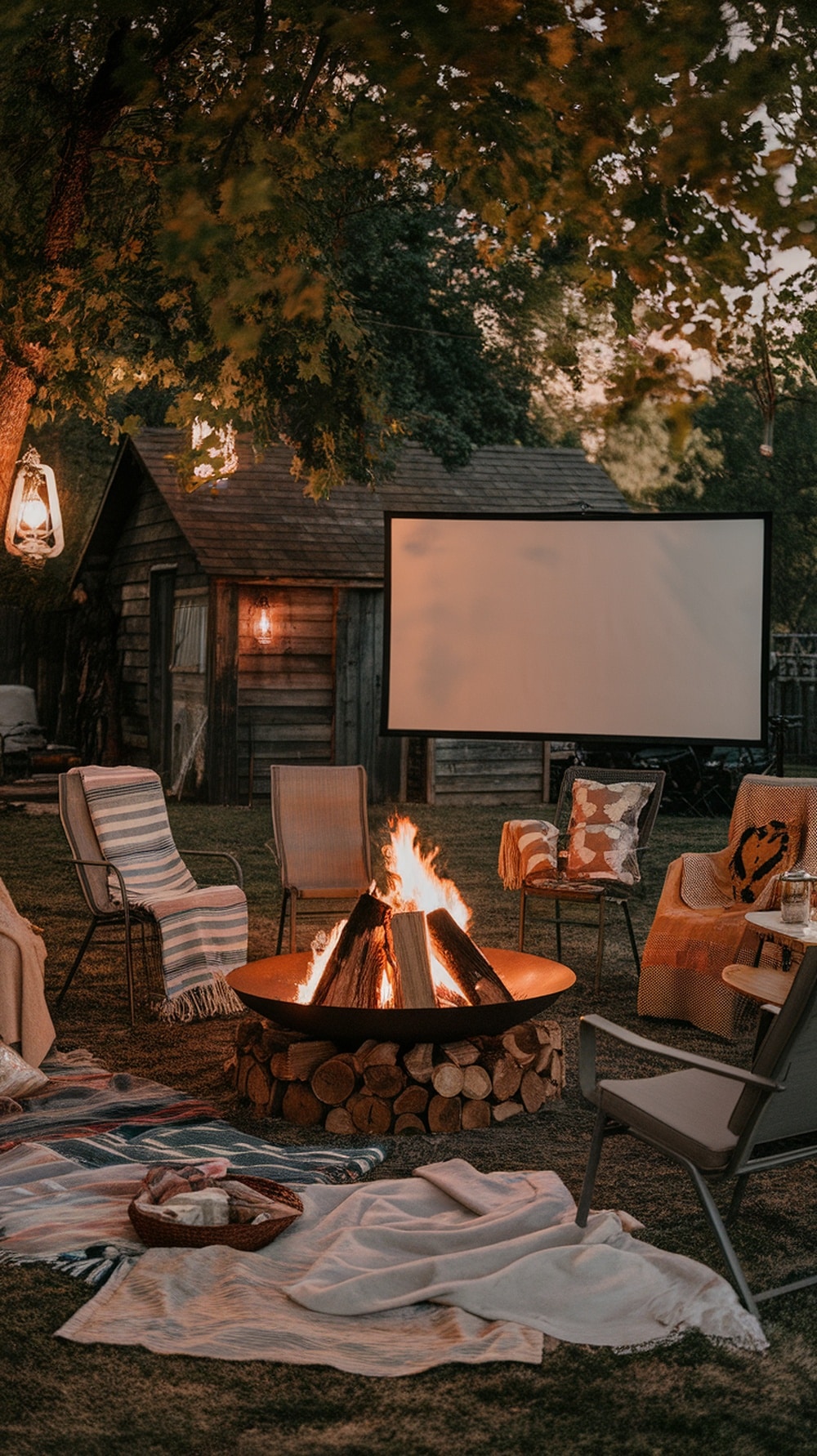 Cozy backyard setup with a fire pit and movie screen.