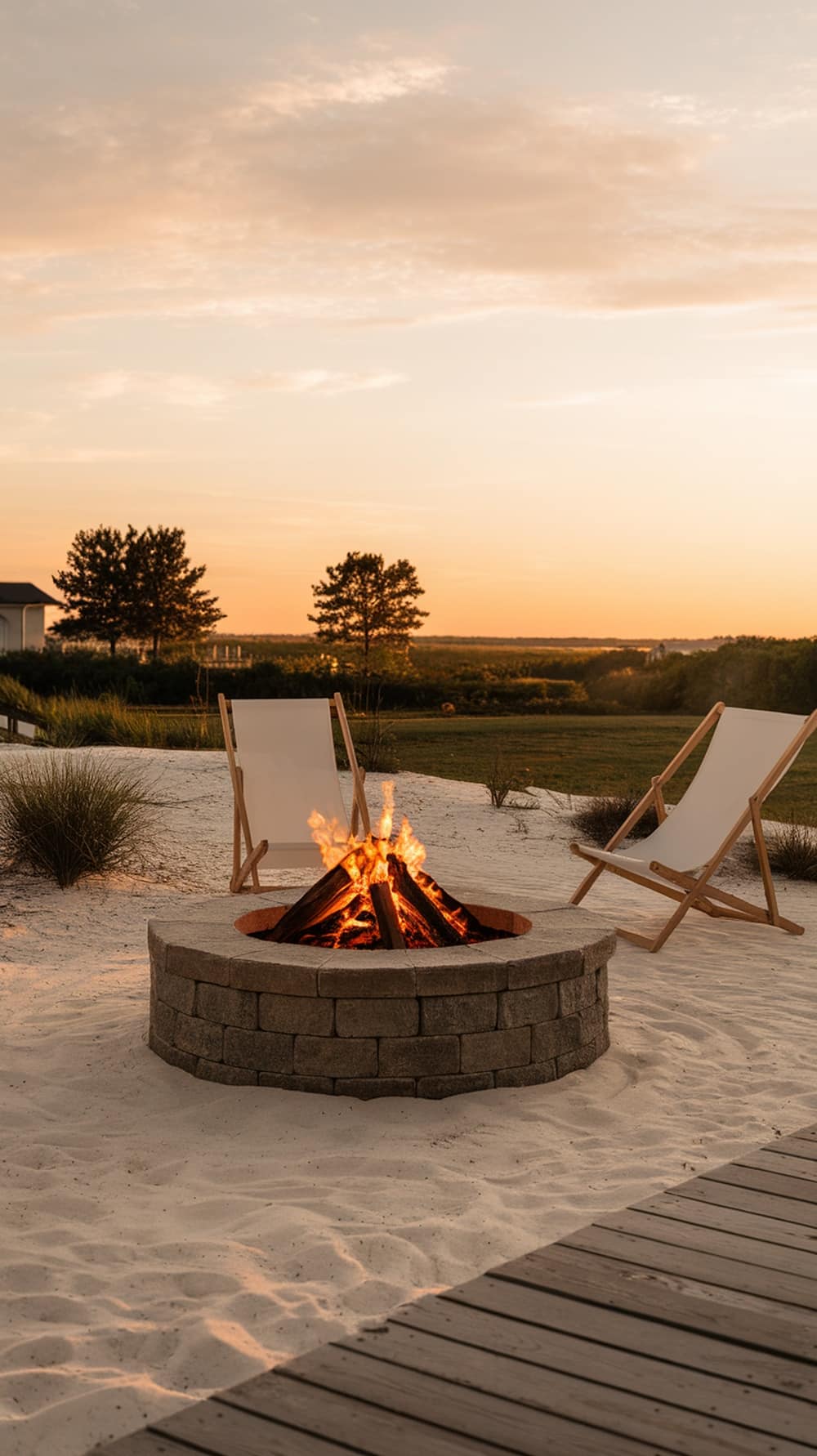 A cozy beach-inspired fire pit area featuring a stone fire pit surrounded by sandy ground and two chairs.