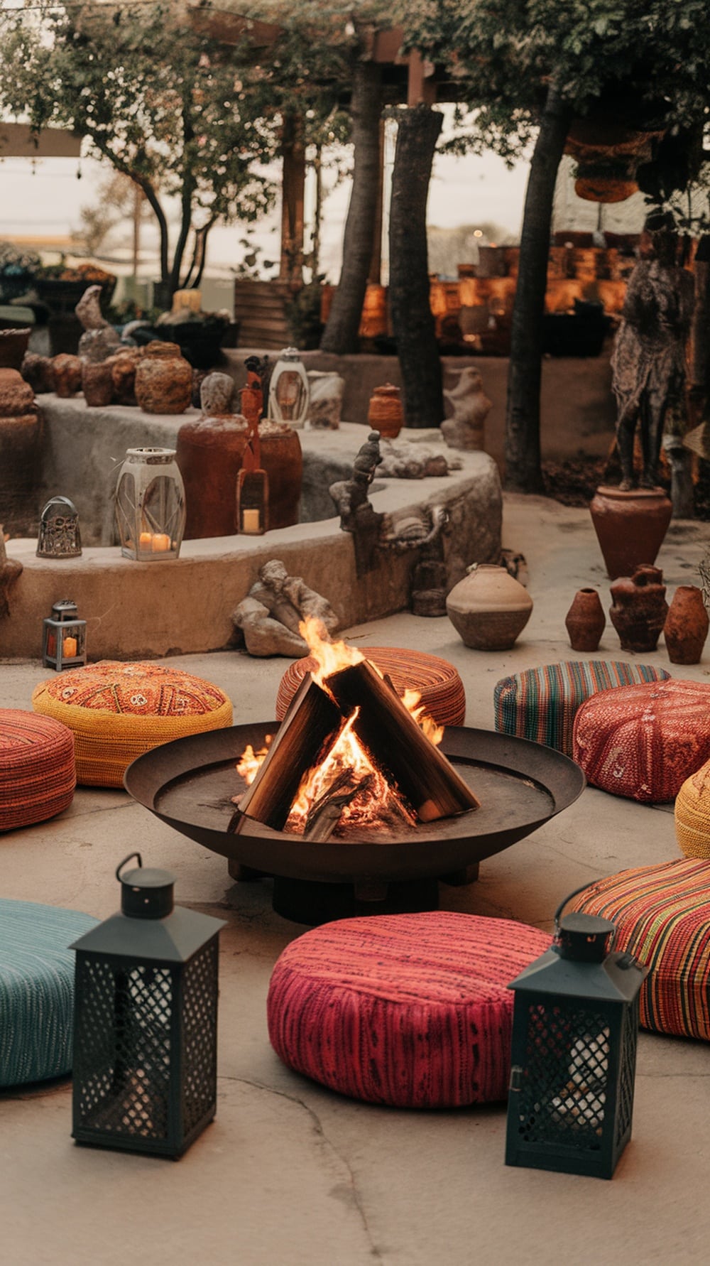 A vibrant outdoor fire pit area with colorful cushions and lanterns.
