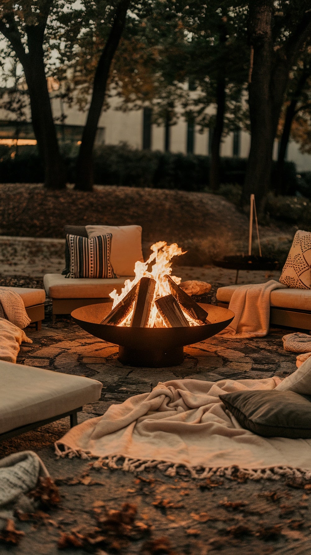 A cozy outdoor seating arrangement around a fire pit with cushions and blankets.
