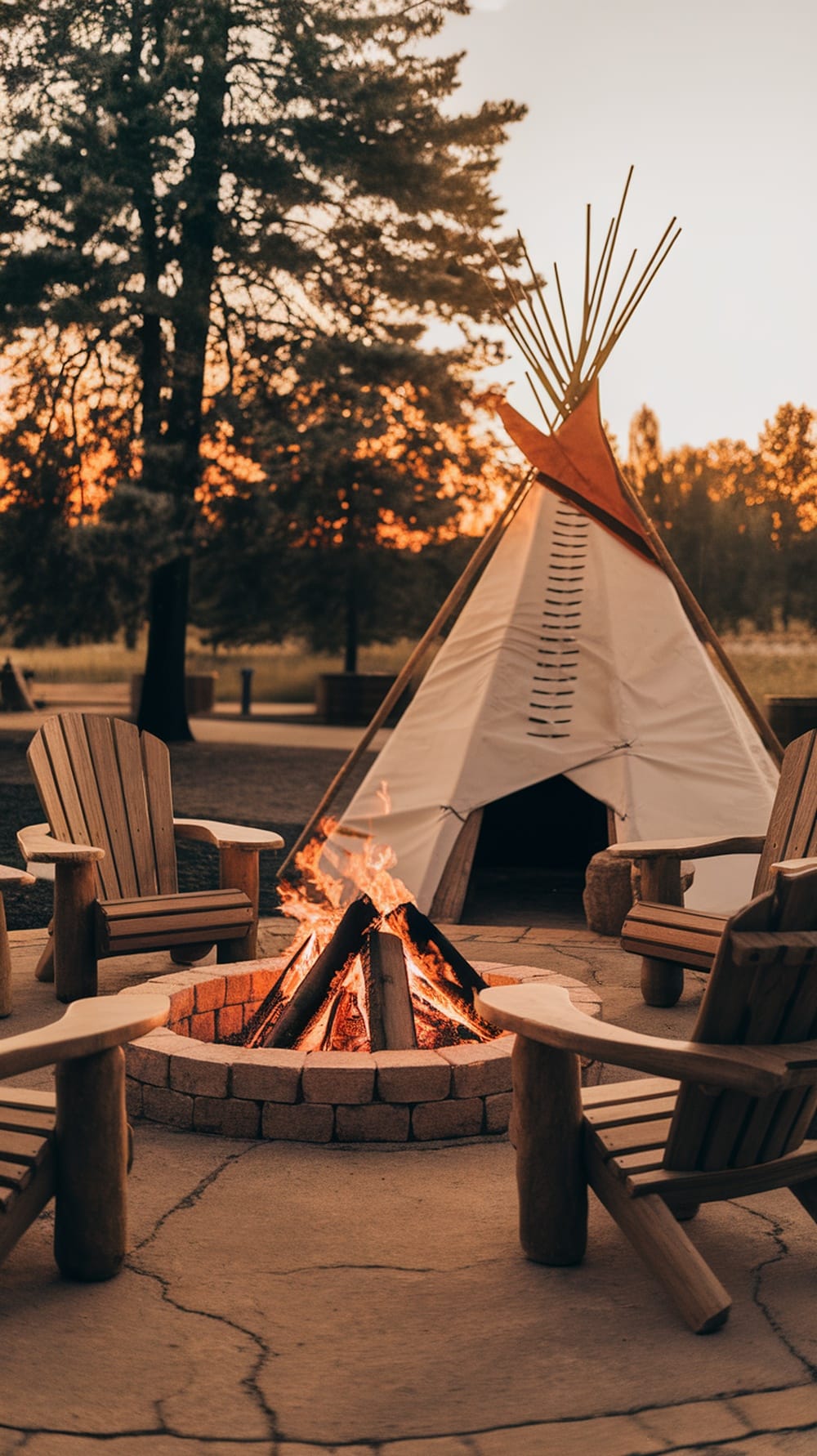 A cozy outdoor fire pit setup with wooden chairs and a teepee in the background at sunset.