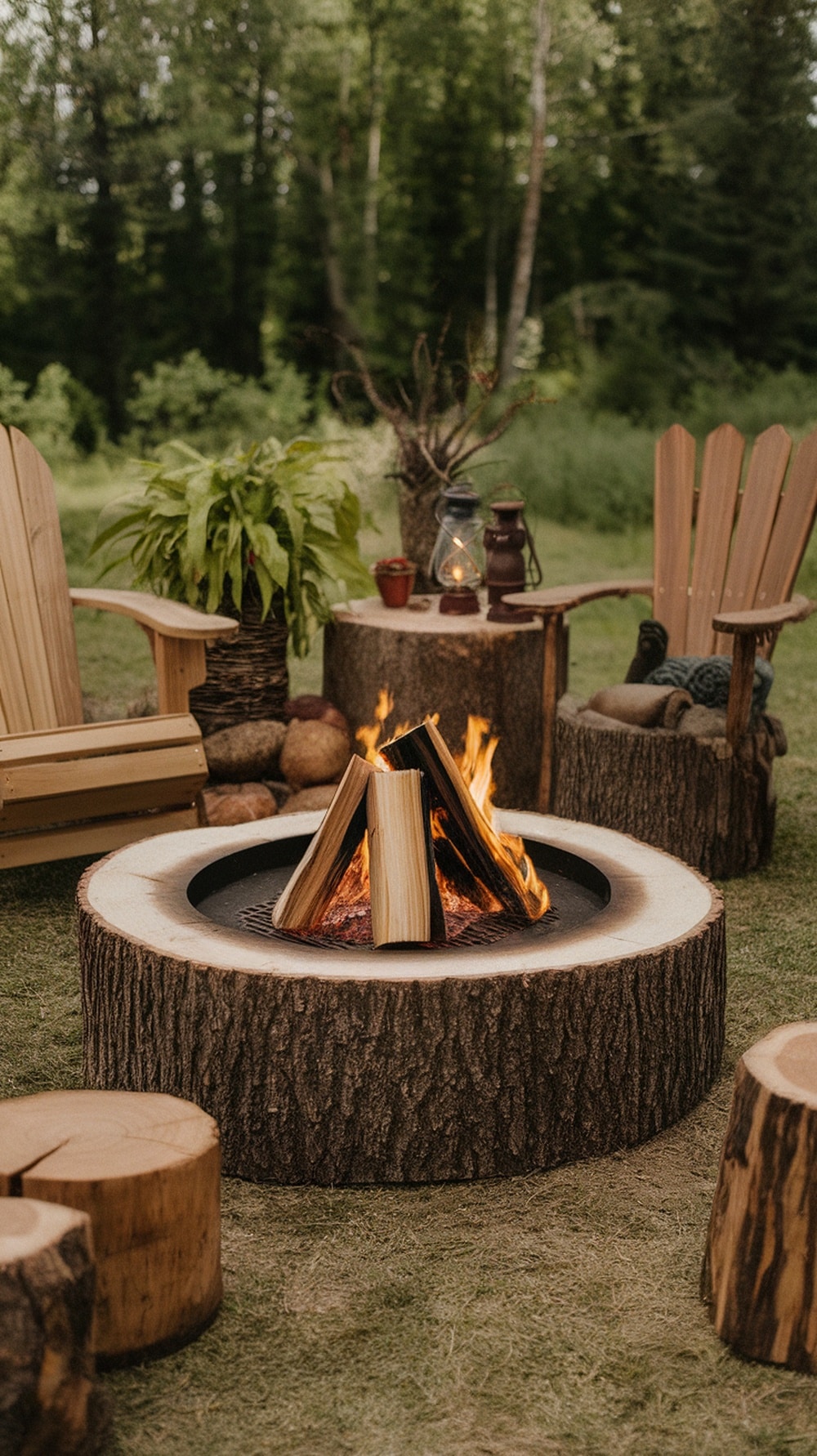 A rustic fire pit surrounded by log seating and greenery.