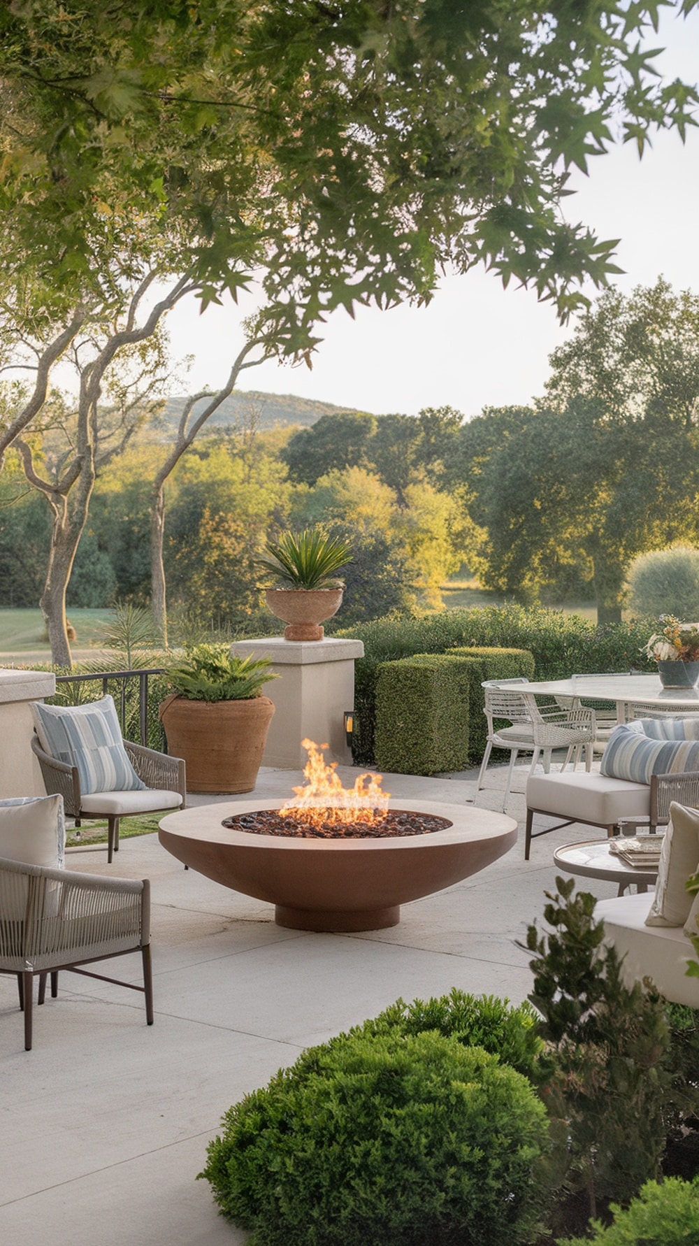 An elegant patio featuring a modern fire pit surrounded by seating and greenery.