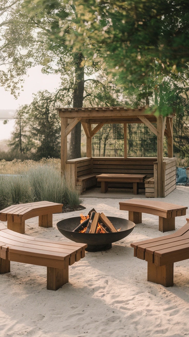 A cozy outdoor fire pit area with chairs and snacks for roasting marshmallows.