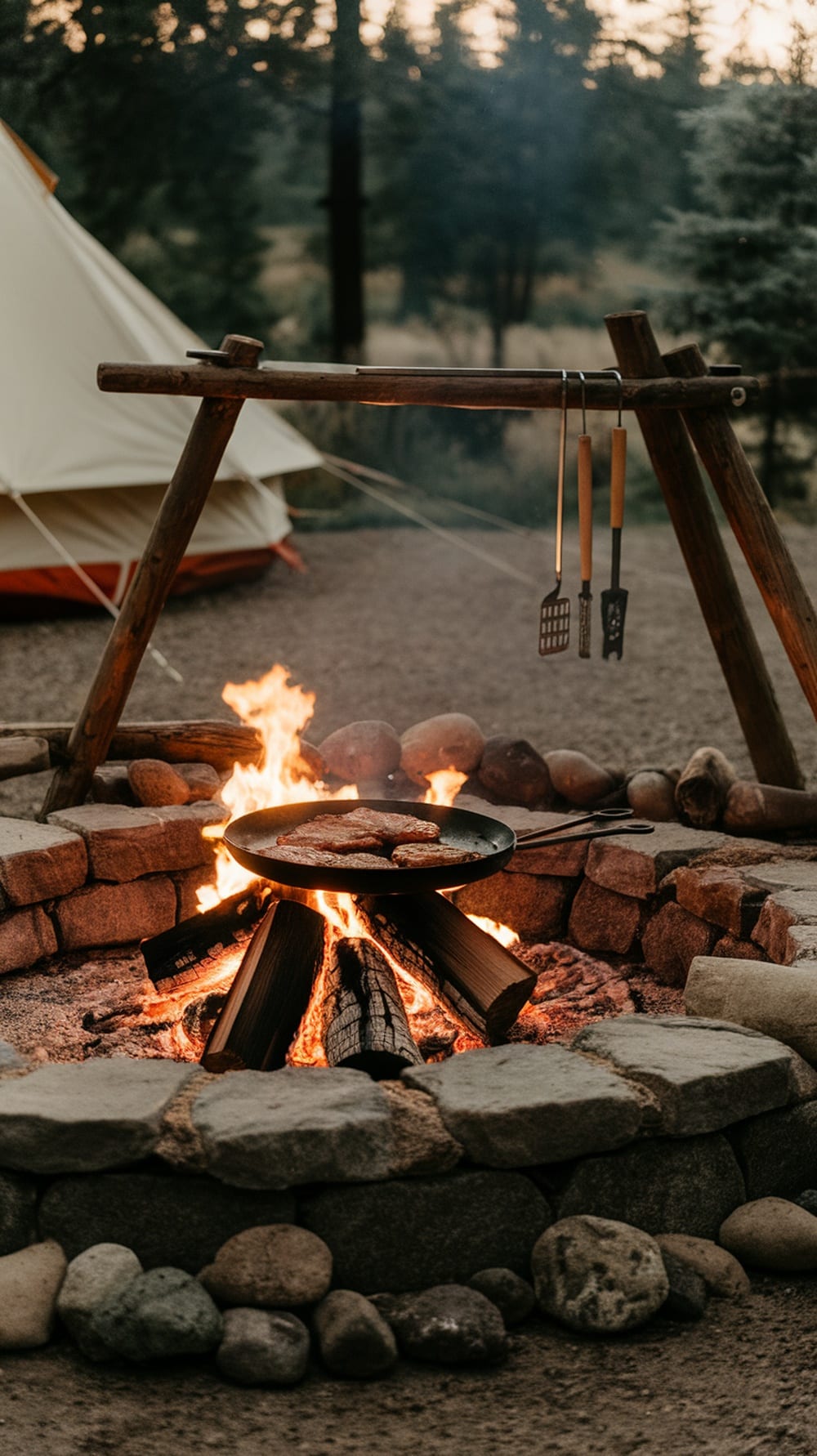 A fire pit with steaks cooking on a skillet, surrounded by stones and a camping tent in the background.