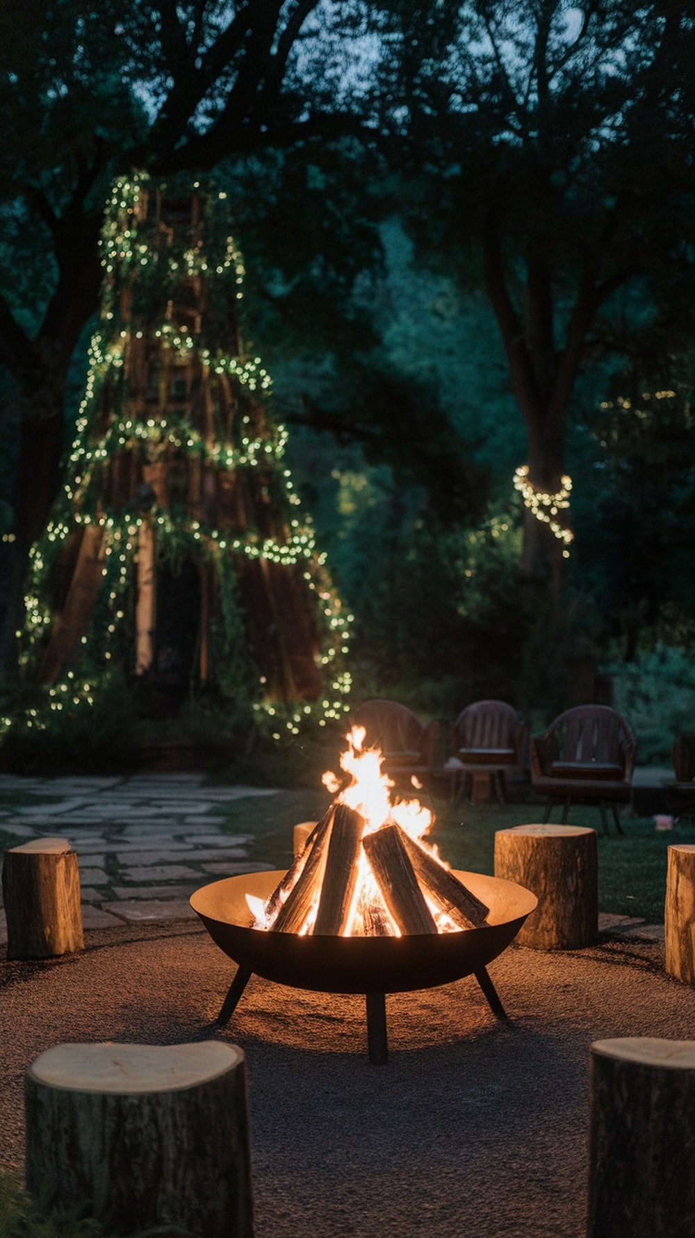 A beautiful outdoor fire pit area at night with a fire burning and lights in the surrounding trees.