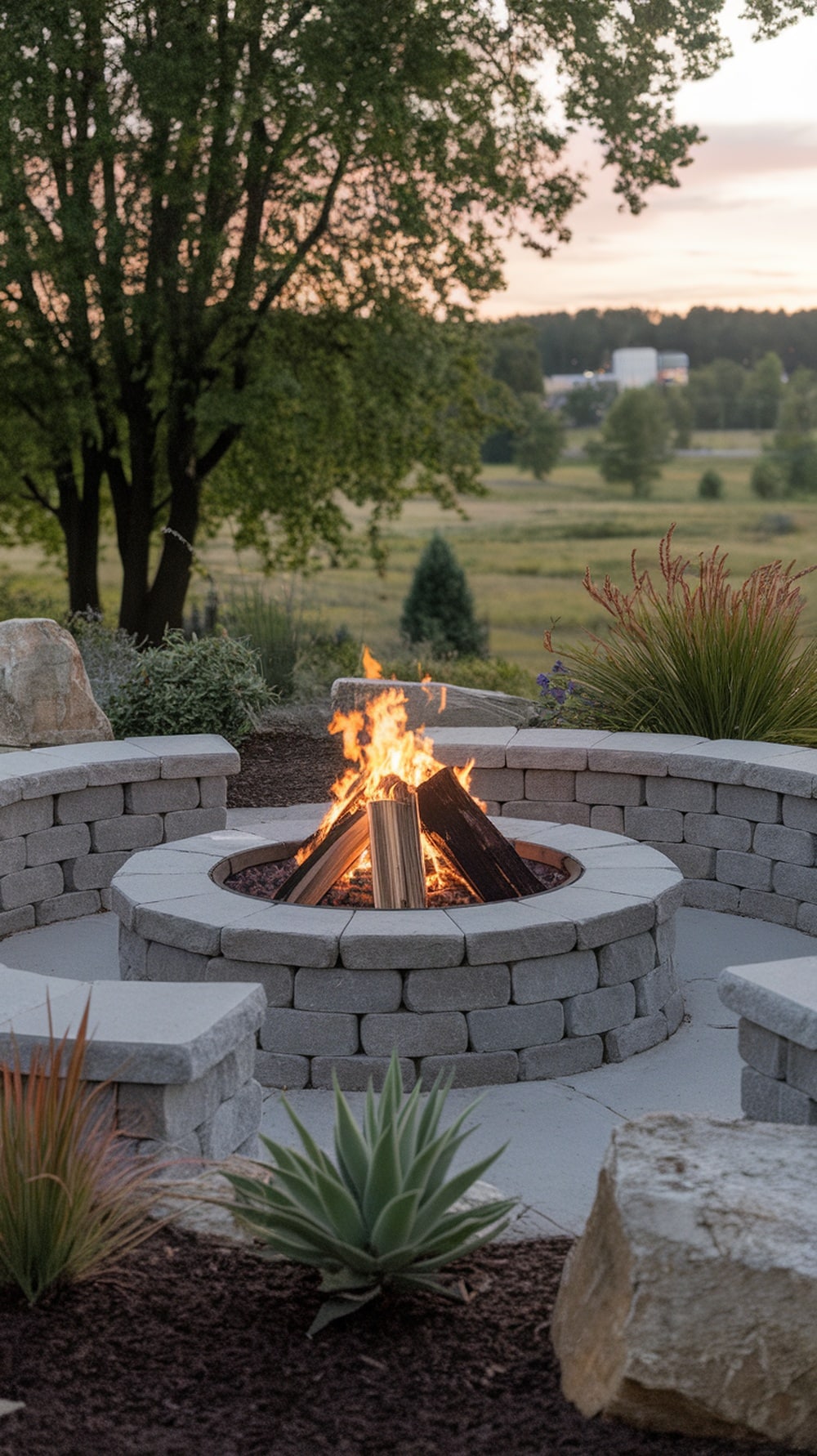 A fire pit surrounded by built-in seating and a lush green landscape.