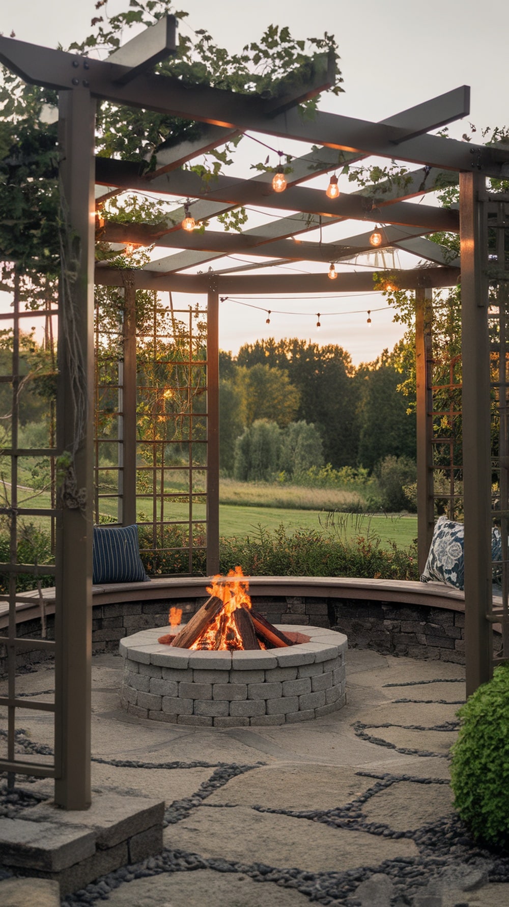 A cozy outdoor fire pit area with a pergola cover, surrounded by greenery and string lights.