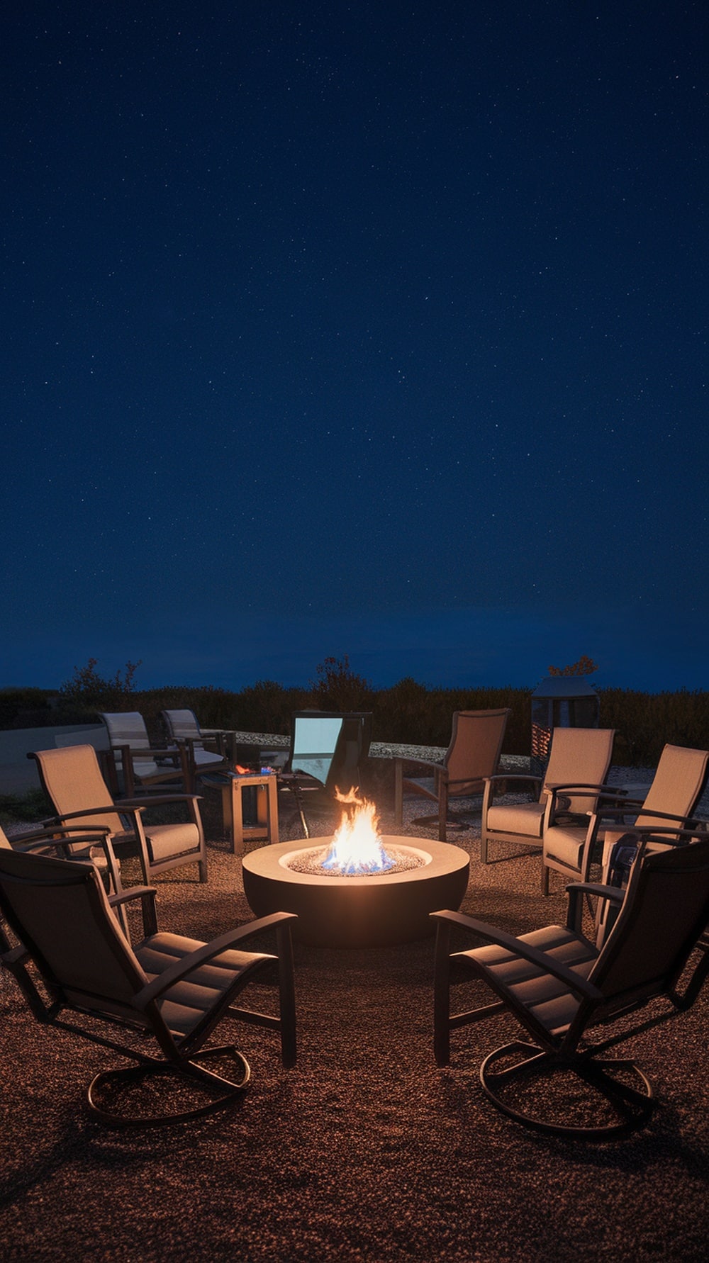 A cozy outdoor fire pit surrounded by chairs under a starry night.