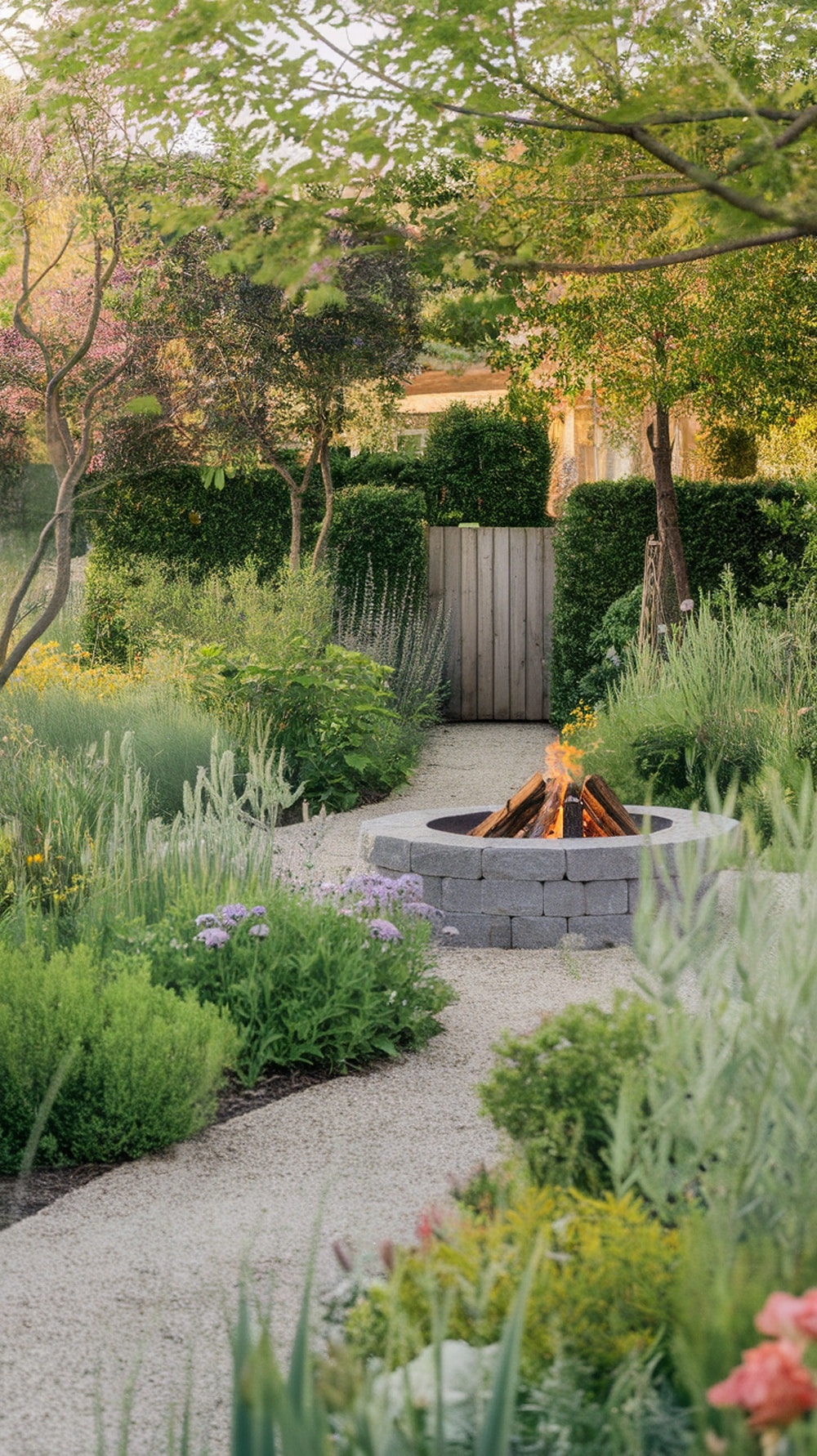Fire pit surrounded by a garden with various plants and trees.