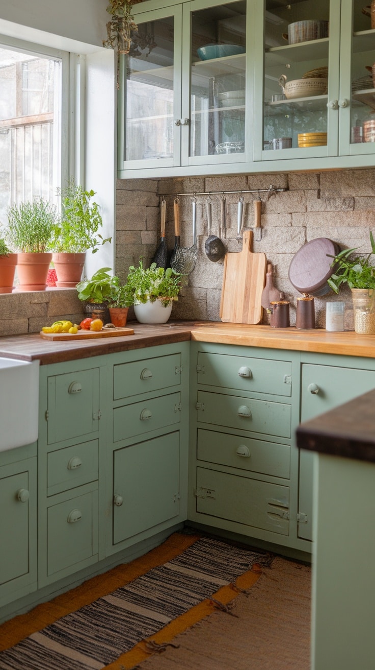 A cozy kitchen featuring sage green cabinets and potted herbs.