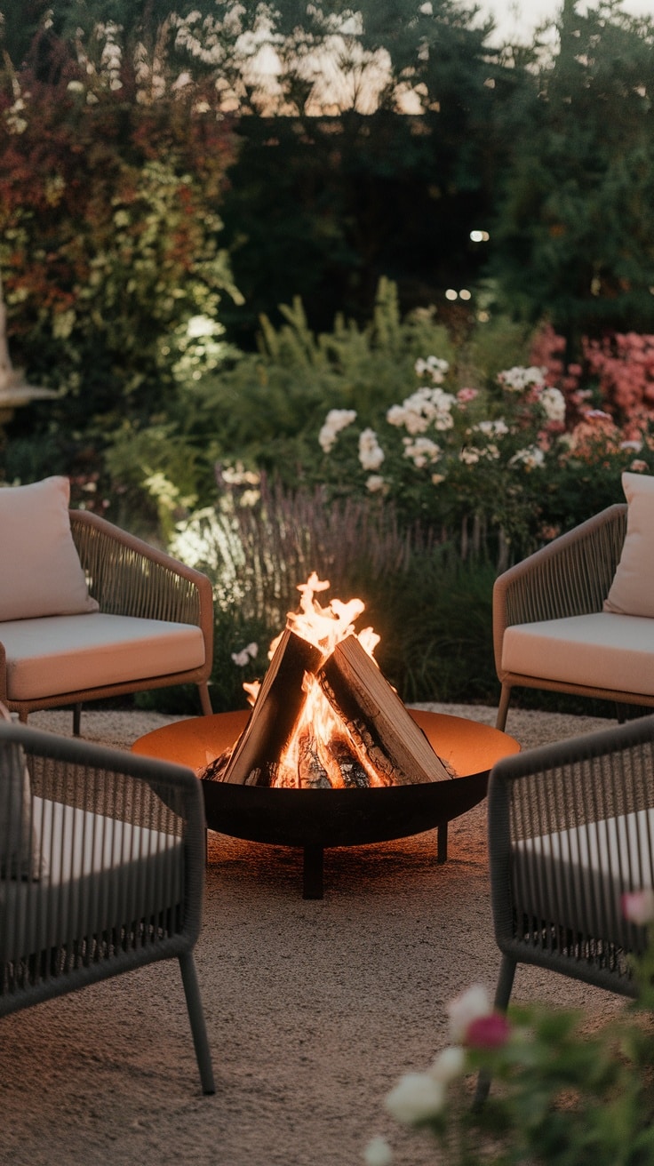 Couple sitting together by a fire pit, surrounded by greenery and warm lighting.