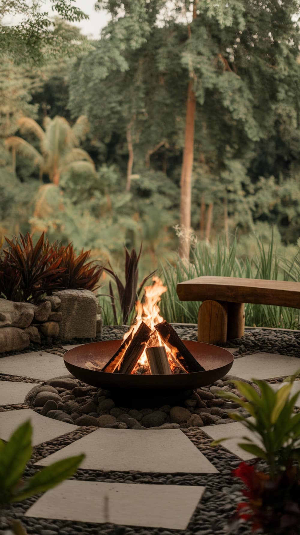 A cozy outdoor fire pit surrounded by stones and plants, perfect for meditation.