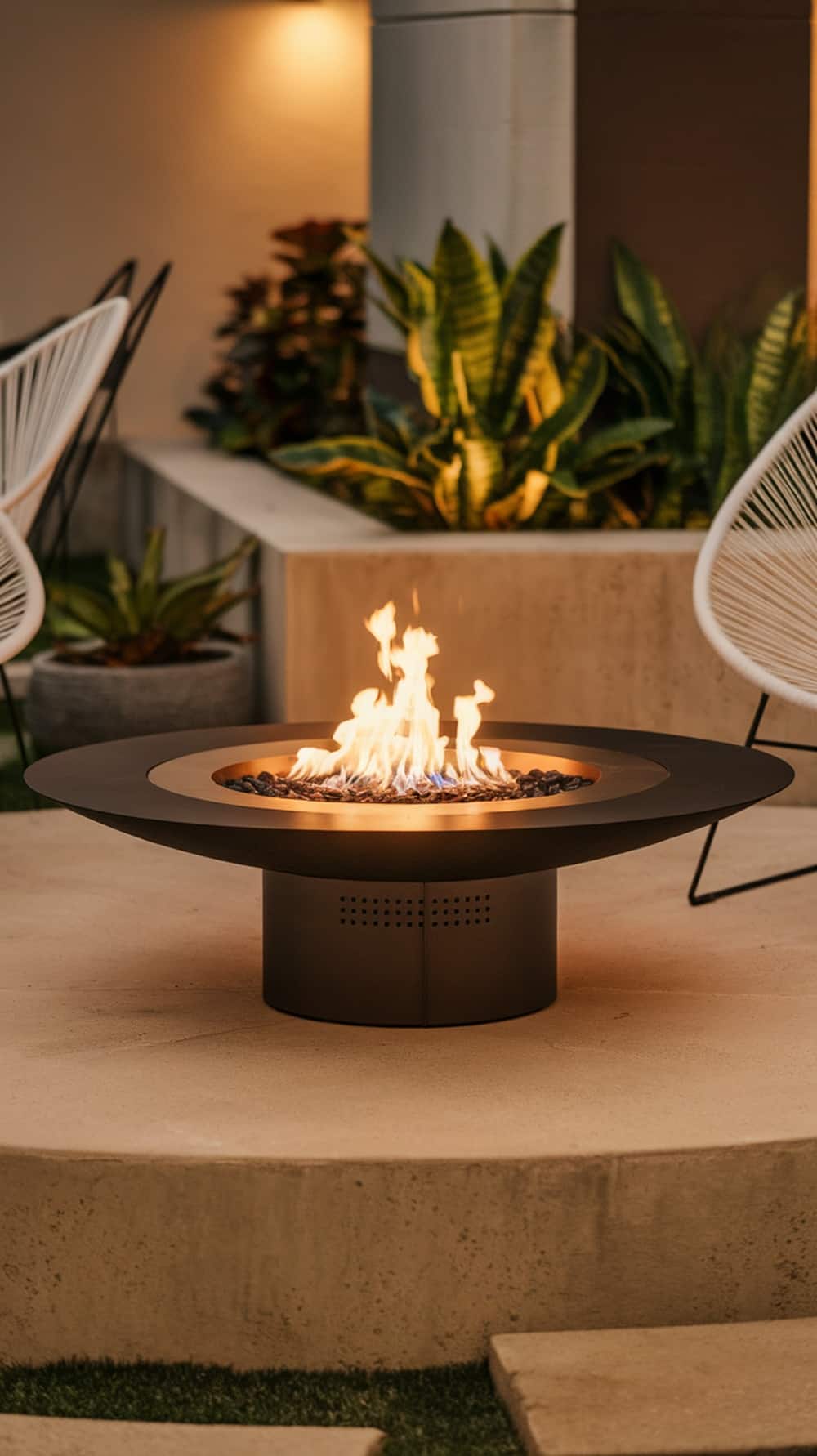 A modern fire bowl with flames, surrounded by plants and seating.