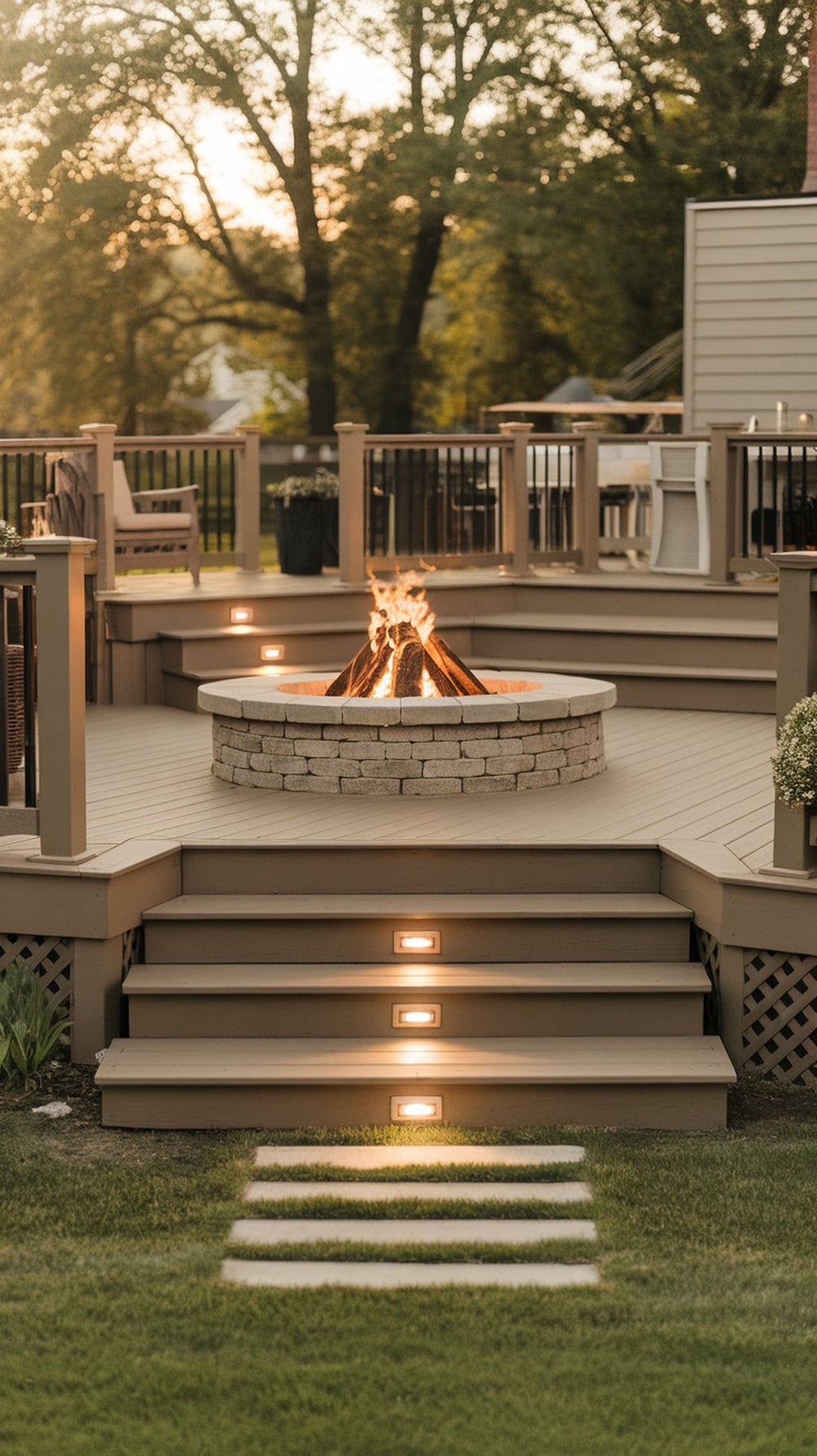A multi-level deck featuring a stone fire pit surrounded by steps and lighting.