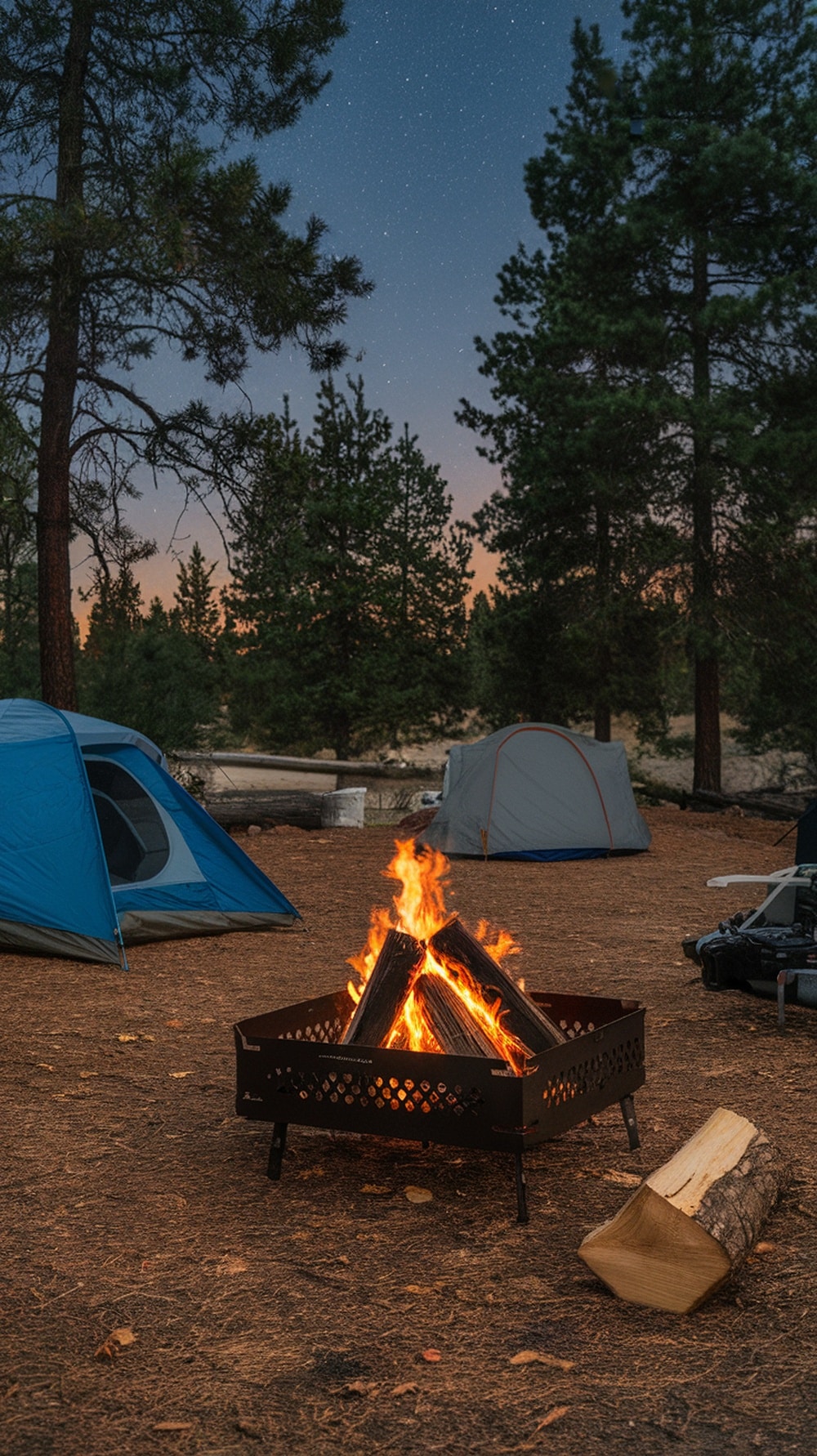 A portable fire pit with flames surrounded by camping tents in a forest setting.