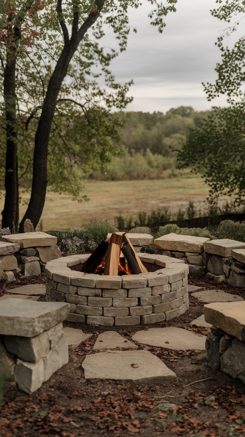 A rustic stone fire pit surrounded by natural scenery.