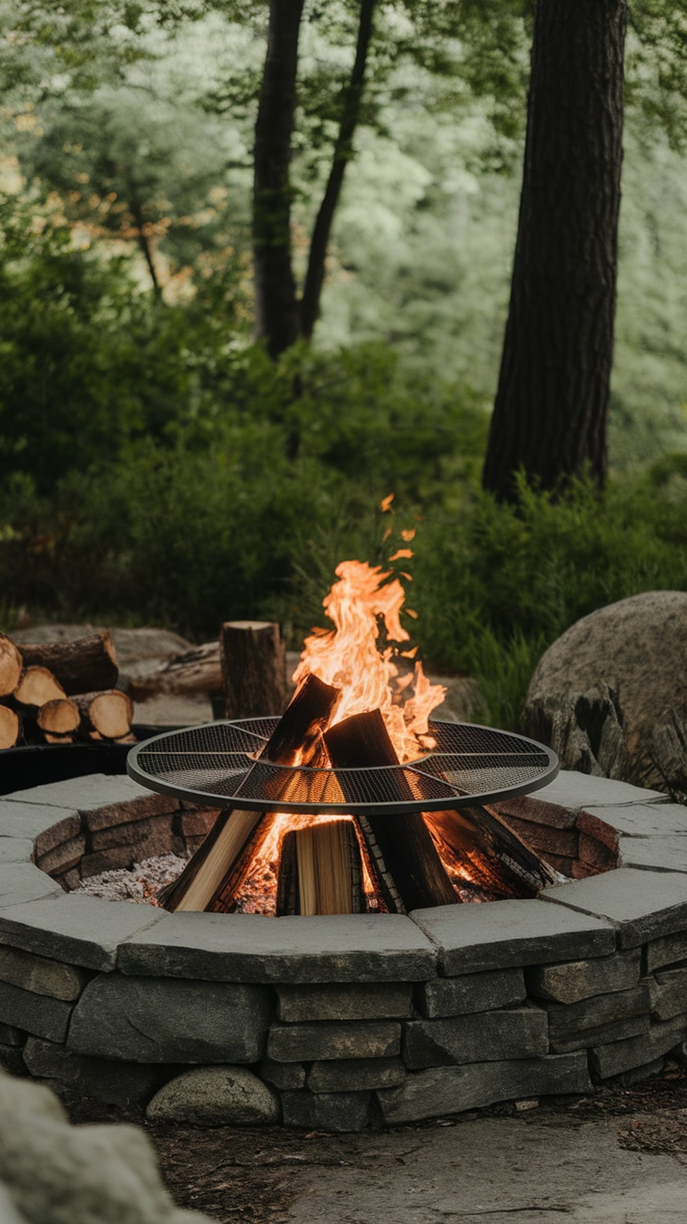 A cozy outdoor fire pit surrounded by trees and logs, showcasing sustainable fire pit ideas.