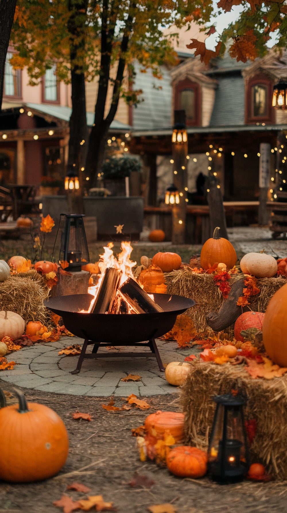 A themed outdoor fire pit surrounded by pumpkins and autumn leaves.