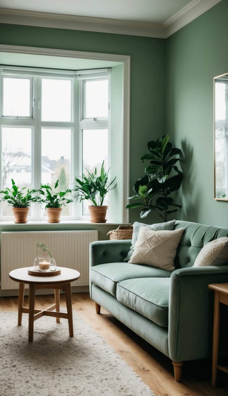A cozy living room with sage green walls, a plush sofa, wooden furniture, and soft lighting. A large window lets in natural light, and potted plants add a touch of nature