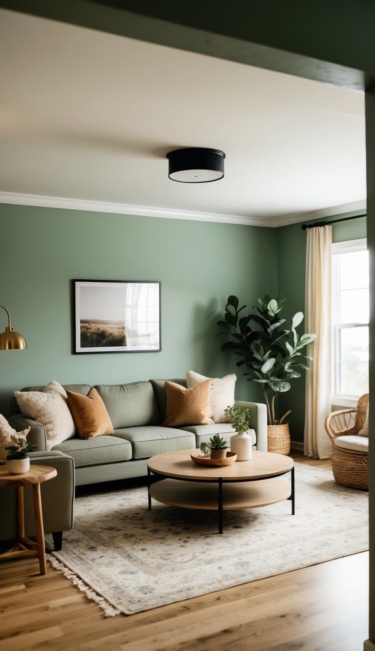 A cozy living room with sage green walls, warm neutral furniture, and natural accents like wood and plants