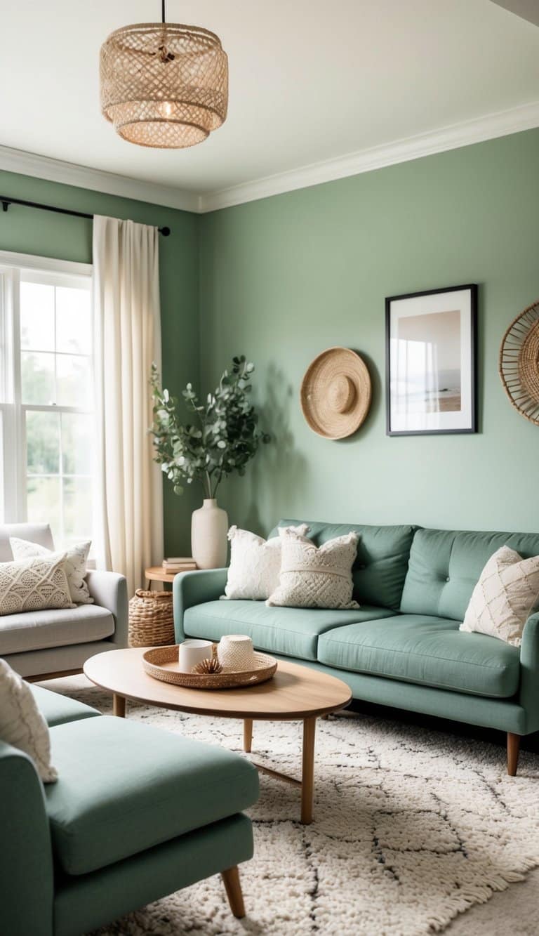A cozy living room with sage green accent walls, featuring comfortable seating, soft lighting, and natural decor
