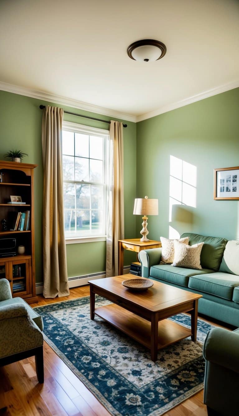 A cozy living room with sage green walls and wooden furniture, including a coffee table, bookshelf, and accent chair. Sunlight streams in through the window, casting a warm glow on the room