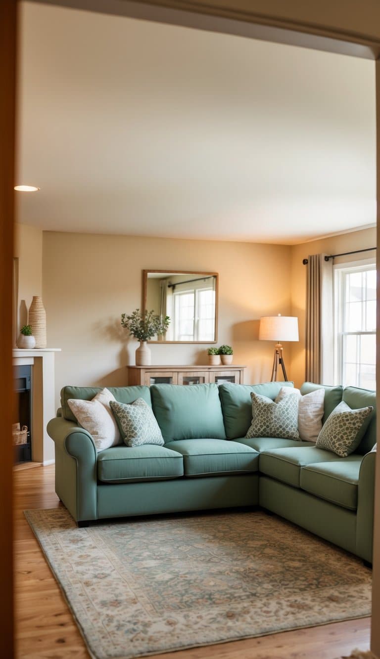 A cozy living room with sage green sofas as the focal point, surrounded by warm, neutral tones and natural light