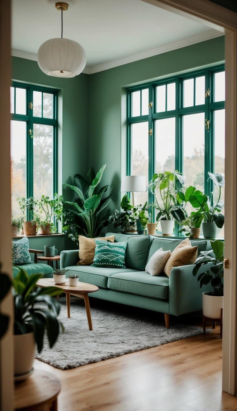 A cozy living room with sage green walls and large windows, adorned with various indoor plants to bring in the calming vibes of nature
