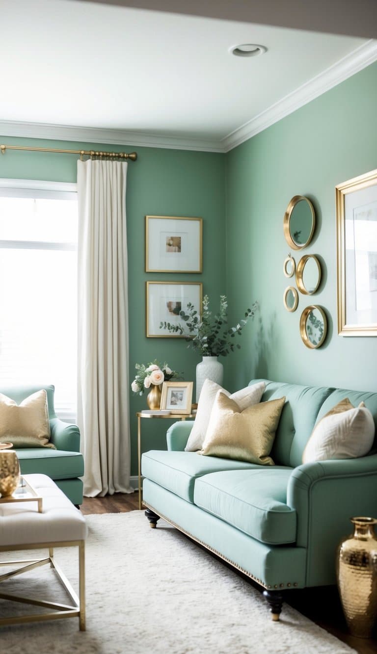 A cozy living room with sage green walls, adorned with gold accent pieces like throw pillows, vases, and picture frames. The room exudes a calming and elegant atmosphere