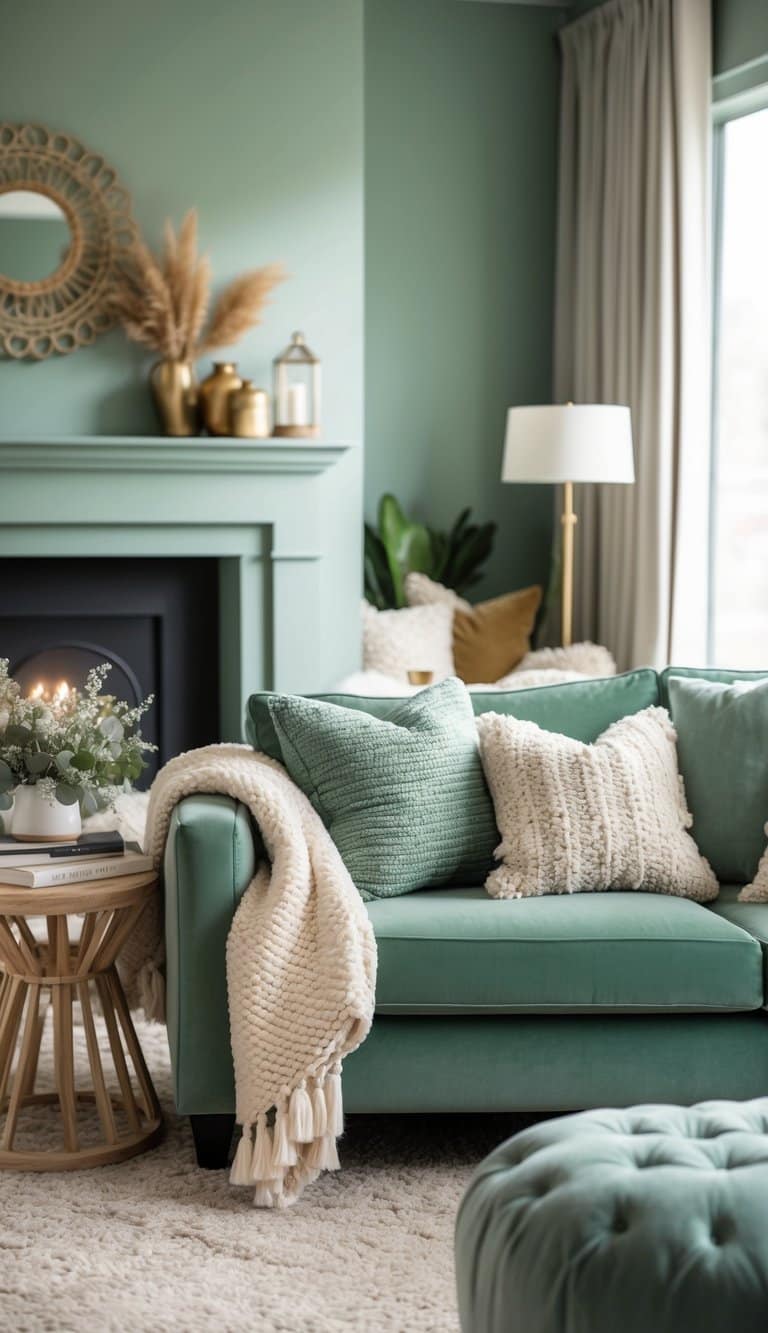 A sage green living room adorned with cozy textiles, including plush throw blankets and soft cushions, creating a warm and inviting atmosphere