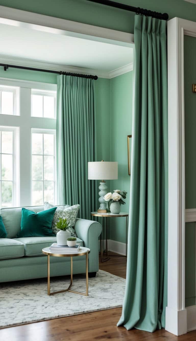 Sage green curtains frame a cozy living room with subtle elegance