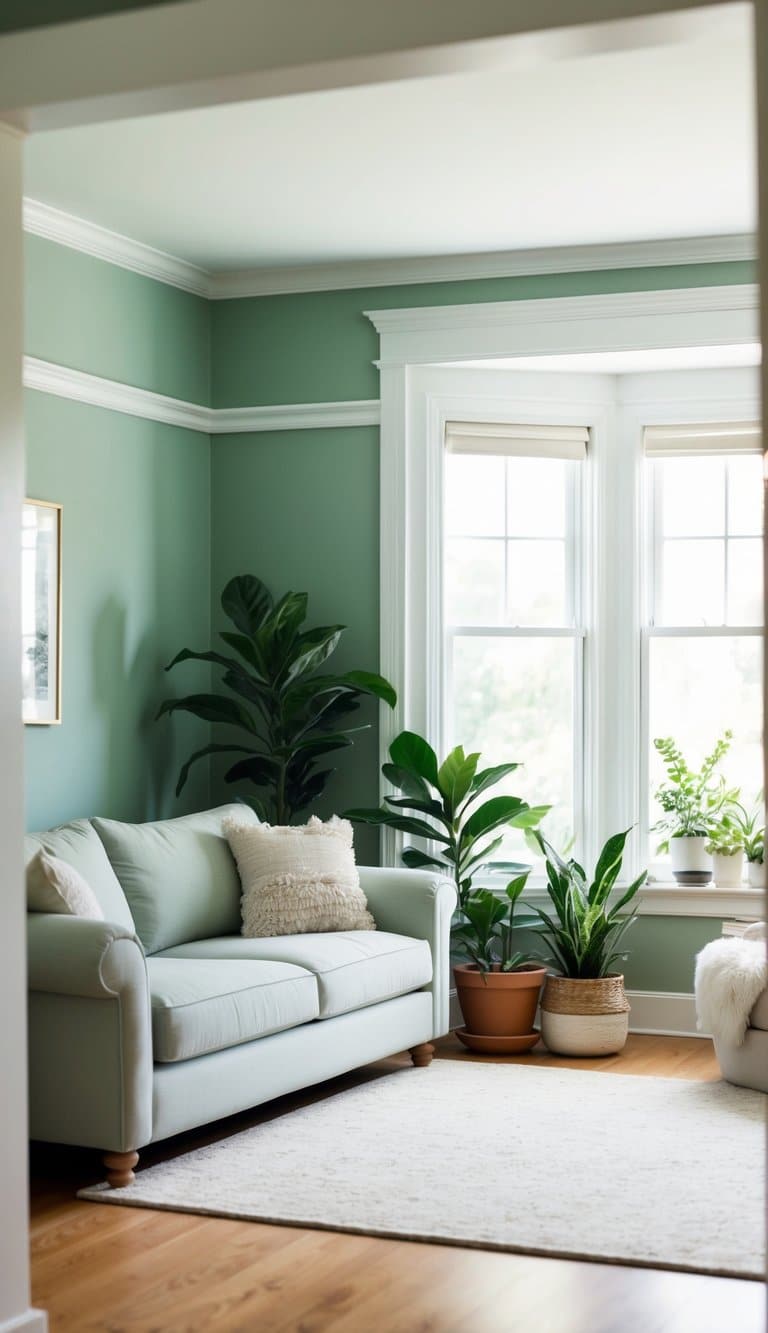 A cozy living room with sage green walls and white trim. A plush sofa, soft rug, and potted plants complete the serene space