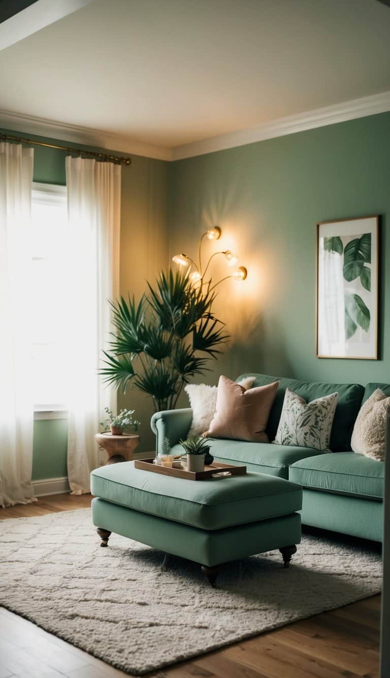 Soft lighting bathes a cozy sage green living room, casting a warm glow on plush furniture and botanical accents