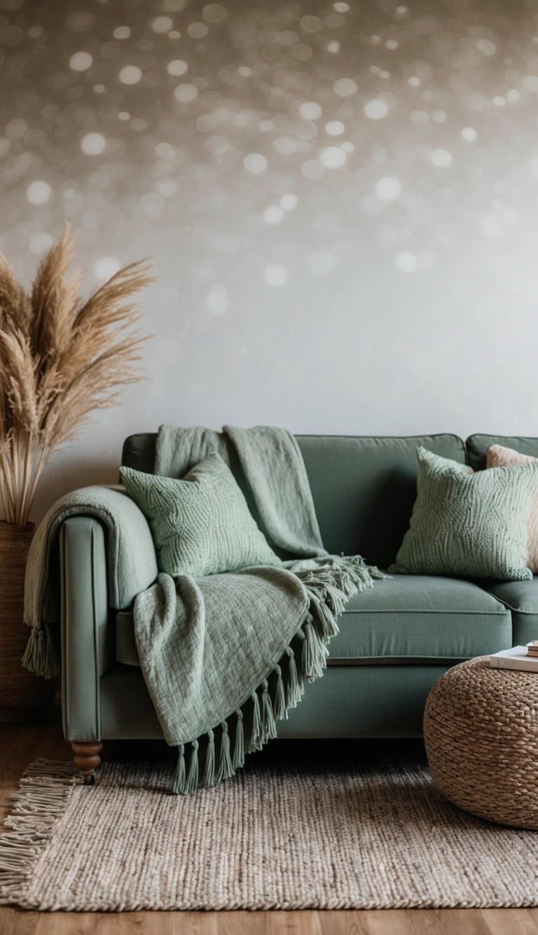 A cozy living room with sage green throws layered on a plush sofa, complemented by textured rugs and earthy decor
