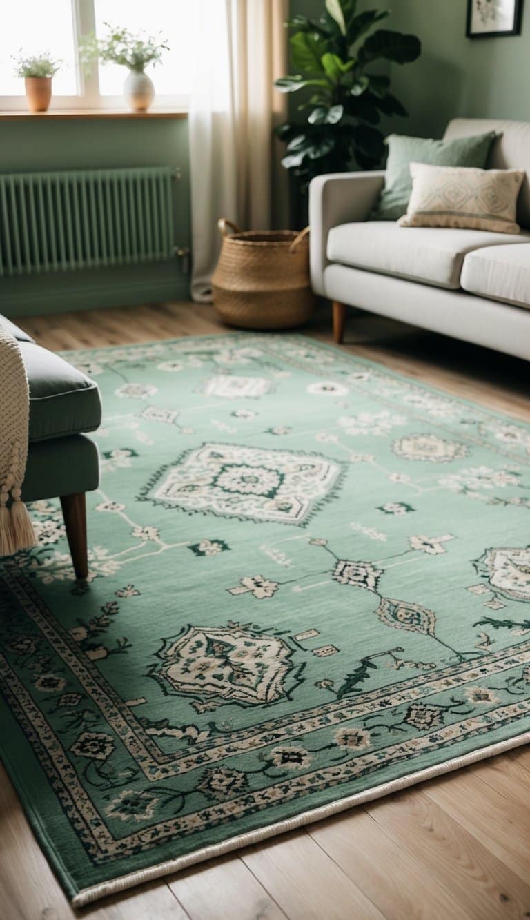 A cozy living room with sage green patterned rugs, complementing the earthy color scheme and adding a touch of natural elegance