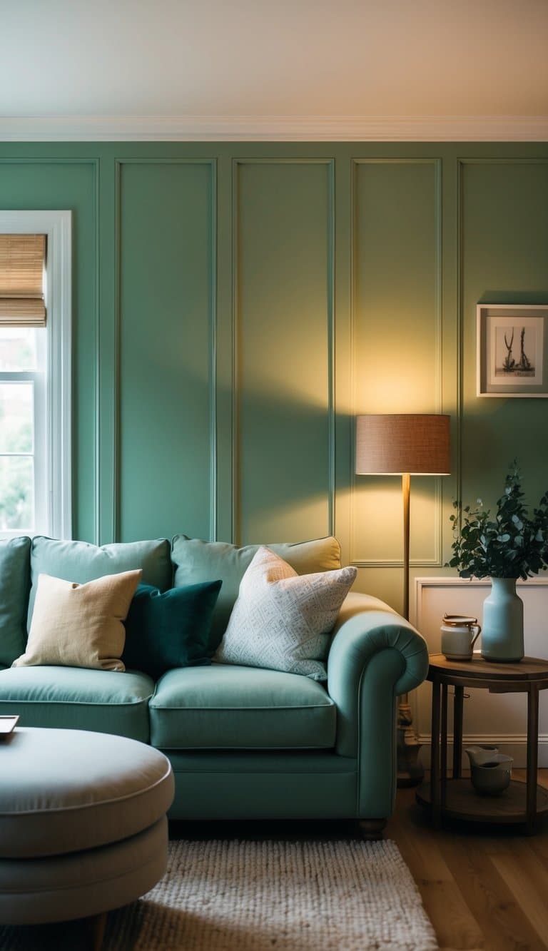 A cozy living room with sage green wall paneling, warm lighting, and comfortable furniture creates a serene and inviting atmosphere