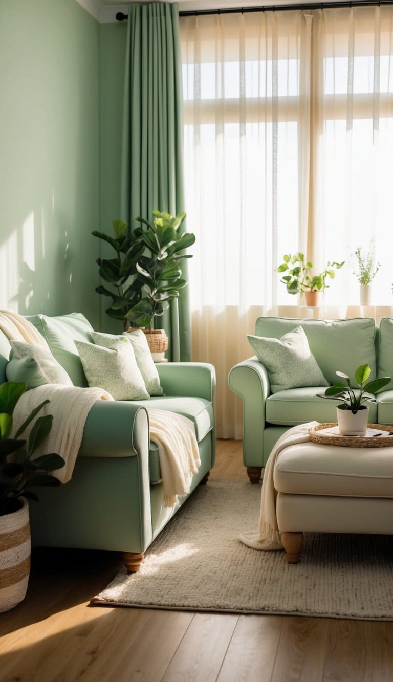 A cozy sage green living room with cream-colored furniture, soft throw blankets, and potted plants. Sunlight filters through sheer curtains, casting a warm glow