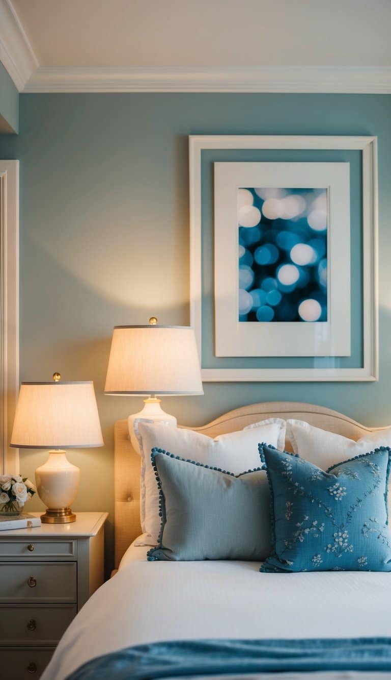 The bedroom is softly lit with cream-toned lamps, accented with dusty blue and cream decor, creating a serene and peaceful retreat
