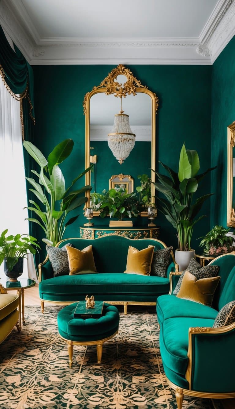 An opulent living room with emerald green velvet sofas, lush plants, and gilded accents exudes luxury and sophistication