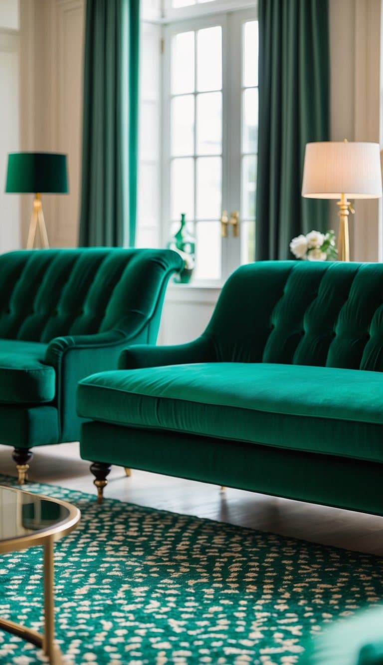 Two emerald green velvet sofas sit in a luxurious living room, creating a plush and elegant atmosphere