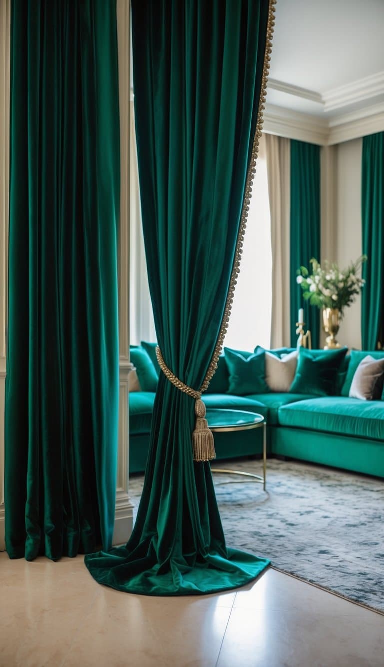 Emerald green drapes cascade down in a luxurious living room, adding drama and elegance to the space