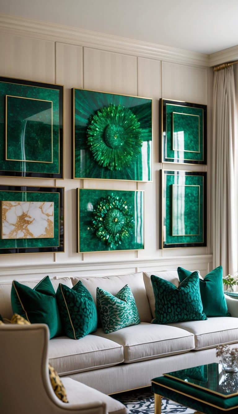 Emerald green art pieces adorn a luxurious living room, creating a rich and opulent atmosphere