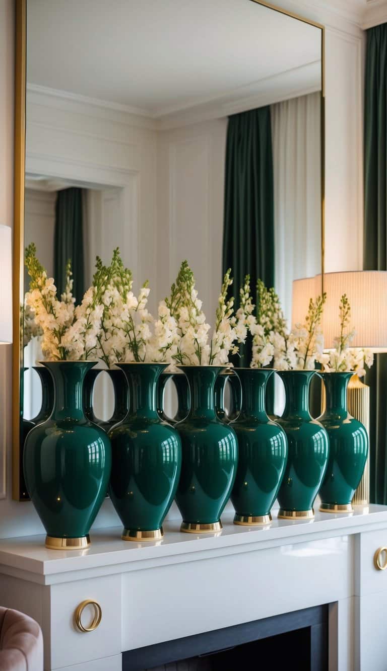 Emerald green ceramic vases arranged on a sleek white mantelpiece, surrounded by plush velvet furniture and gold accents