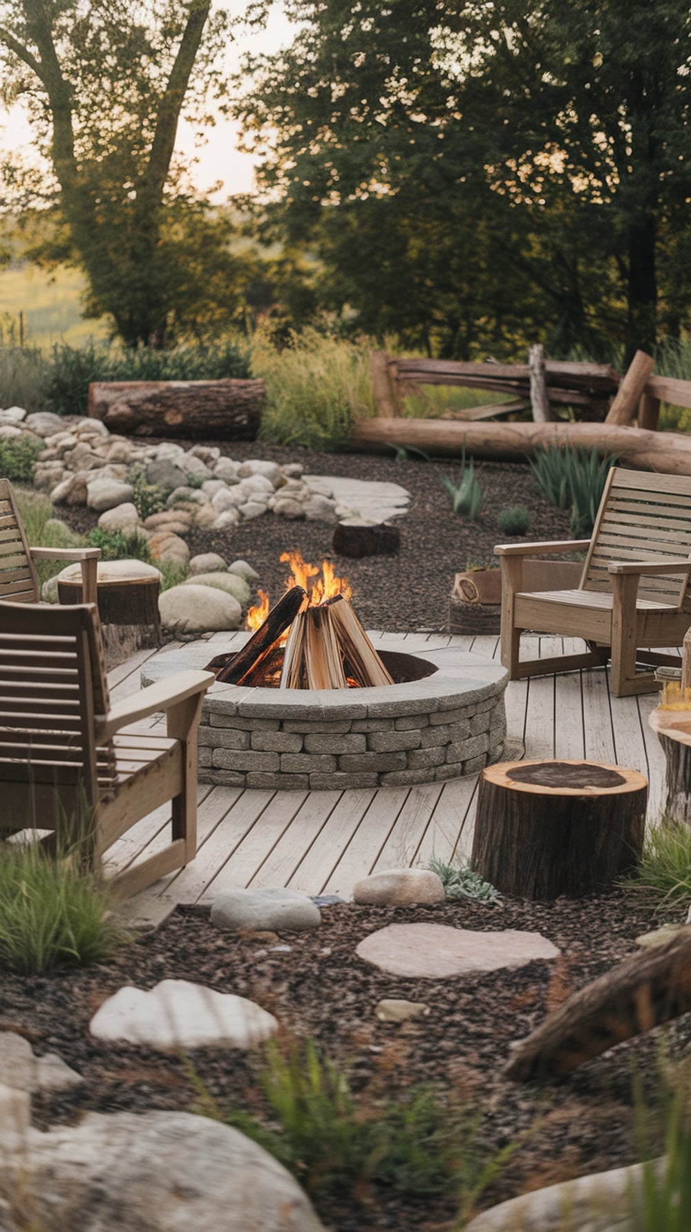 A cozy outdoor fire pit surrounded by wooden chairs and stones, set in a natural landscape.