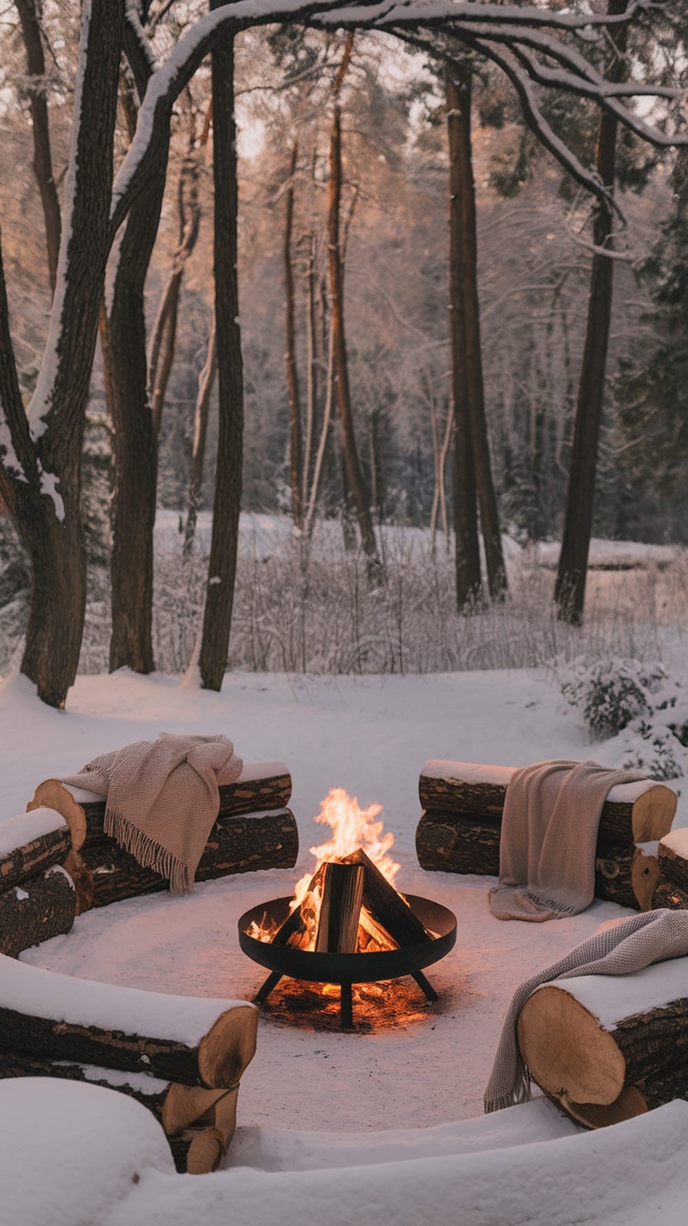 A winter scene featuring a fire pit surrounded by snow and trees, with cozy seating.