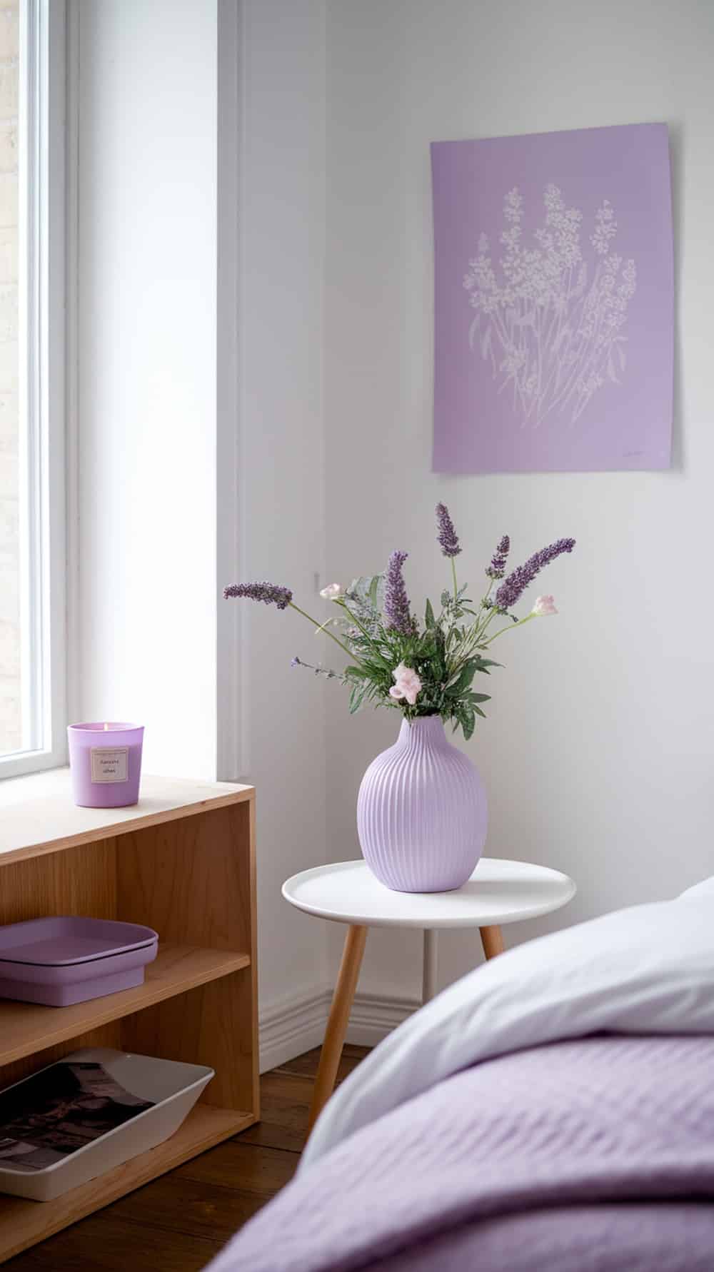 A cozy lavender-themed bedroom with a vase of flowers and a candle.