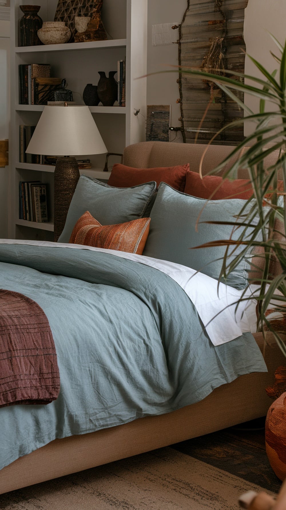 A cozy bedroom featuring earthy toned accent pillows on a bed with dusty blue bedding.