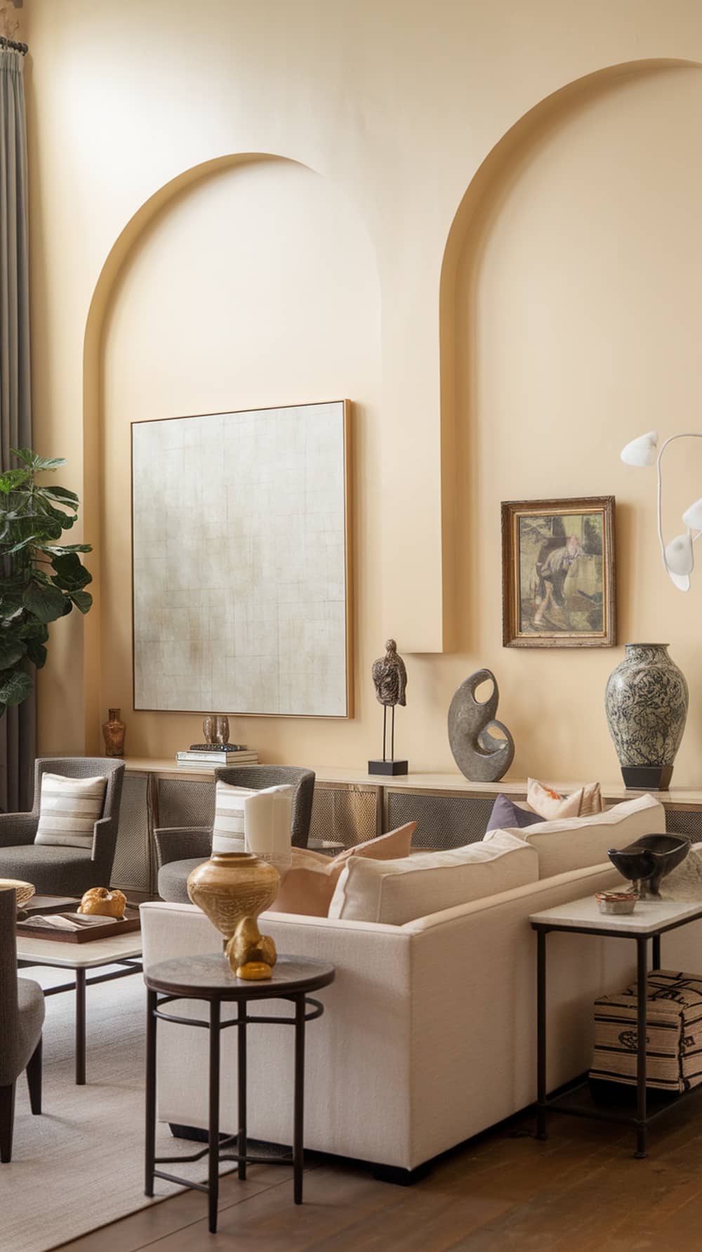 Cozy living room with creamy accent wall, rounded arches, and stylish decor